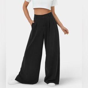 Halara High Waisted Plicated Split Hem Wide Leg Casual Pants Thick Black Denim S